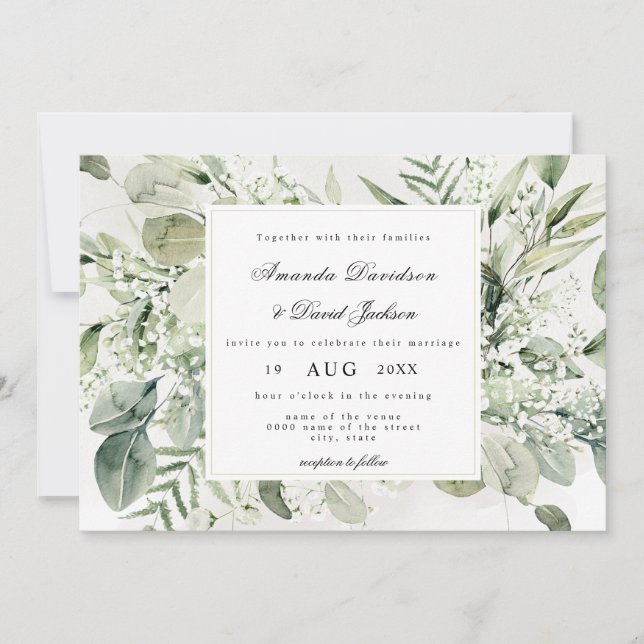 Elegant Greenery Foliage White Floral Boho Wedding Invitation (Front)