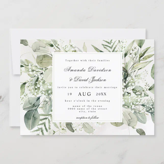 Elegant Greenery Foliage White Floral Boho Wedding Invitation | Zazzle