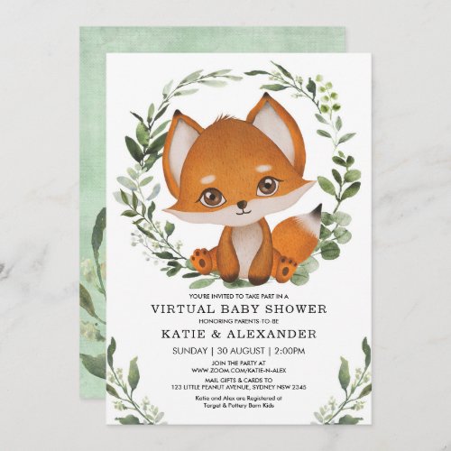 Elegant Greenery Fox Virtual Baby Shower By Mail Invitation