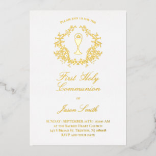 elegant greenery frame First Communion Foil Invitation