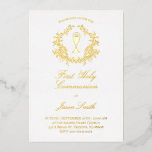 elegant greenery frame First Communion Foil Invitation