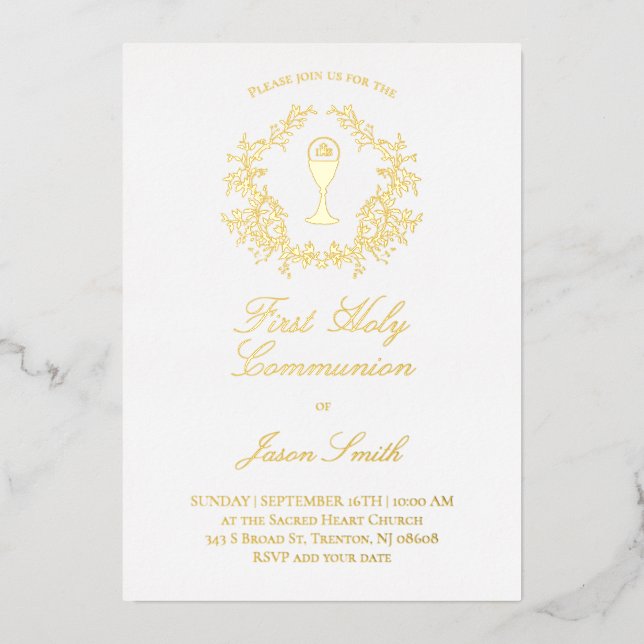 elegant greenery frame First Communion Foil Invitation (Front)