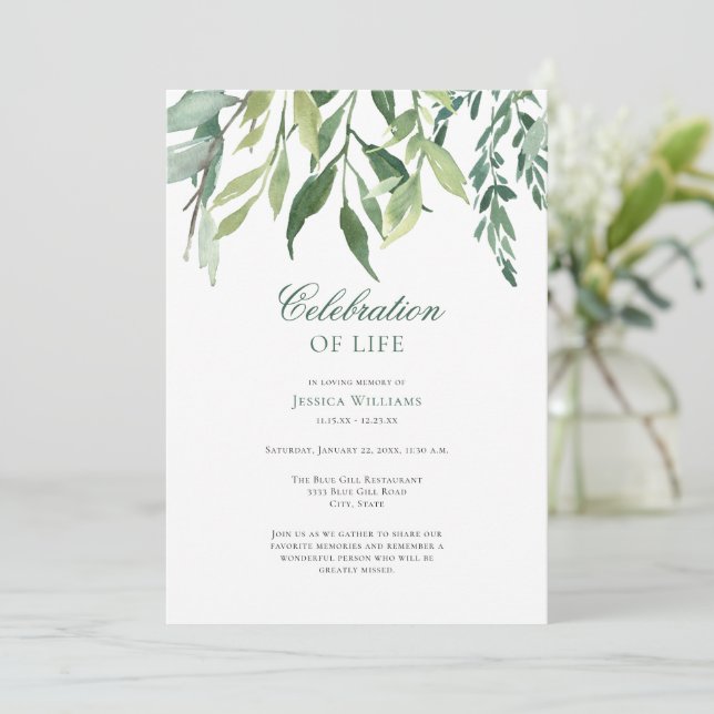 Elegant Greenery Funeral Celebration of Life Invitation (Standing Front)