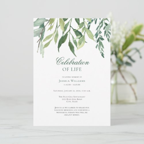 Elegant Greenery Funeral Celebration of Life Invitation