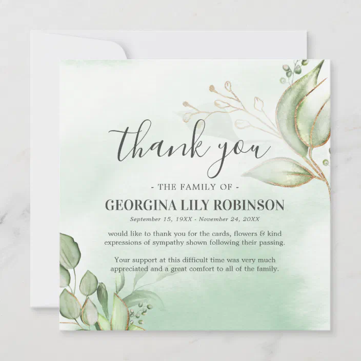 Elegant Greenery Funeral Gratitude Thank You Card Zazzle Com