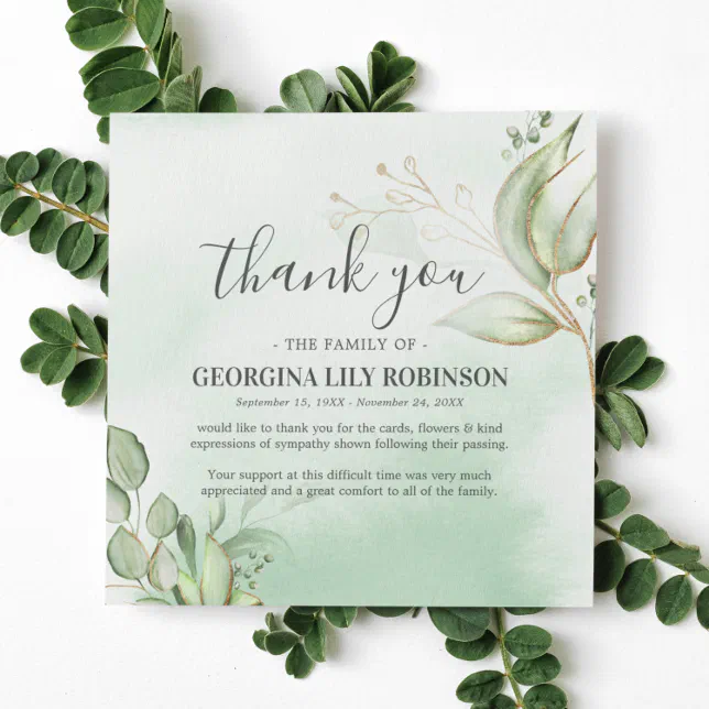 Elegant Greenery Funeral Gratitude Thank You Card | Zazzle
