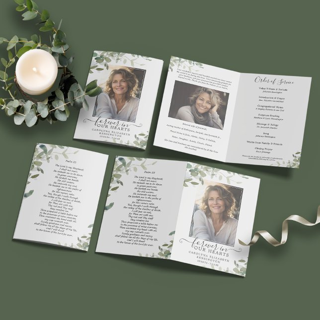 Elegant Greenery Funeral Program Brochure (Elegant Greenery Funeral Brochure Style Programs)