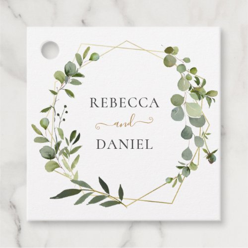 Elegant Greenery Geometric Frame Personalized Favor Tags - Designed to coordinate with our Mixed Greenery wedding collection, this customizable Favor Tag features a gold geometric frame adorned by watercolor greenery foliage with gold and gray text. To make advanced changes, go to "Click to customize further" option under Personalize this template.