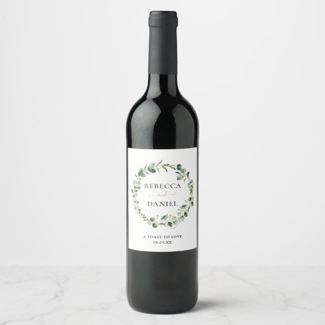 Elegant Greenery Geometric Frame Personalized Wine Label (Front)