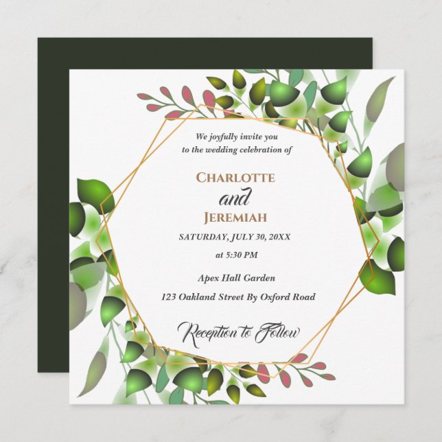 Elegant Greenery Geometric Frame Wedding Invitation (Front/Back)