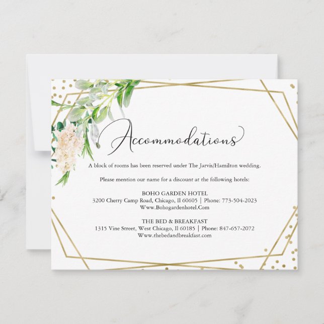 Elegant Greenery Geometric Wedding Accommodations RSVP Card (Front)