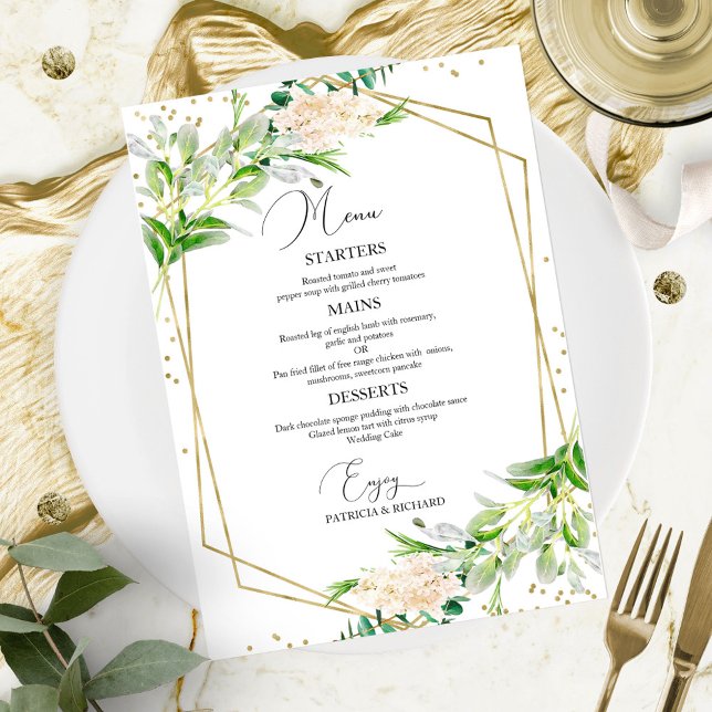 Elegant Greenery Geometric Wedding Menu Card (Creator Uploaded)