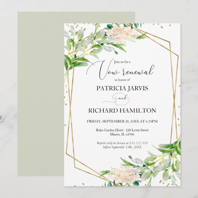 Elegant Greenery Geometric Wedding Vow Renewal Invitation (Front/Back)