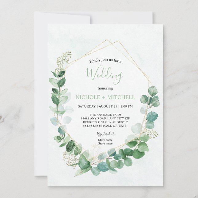 Elegant Greenery Gold all in one Wedding Invitation (Front)