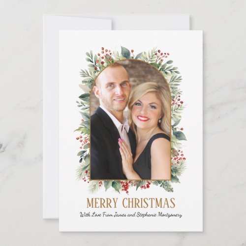 Elegant Greenery Gold Arch Custom Photo Christmas Holiday Card