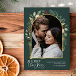Elegant Greenery Gold Arch Merry Christmas Photo Holiday Card<br><div class="desc">This design features a modern greenery arch with a delicate glitter gold frame & gold brush strokes with a single vertical photo. To make advanced changes,  please select 'Click to customize further' option under 'Personalize this template' section. Here,  you can edit/add text boxes,  color and font.</div>