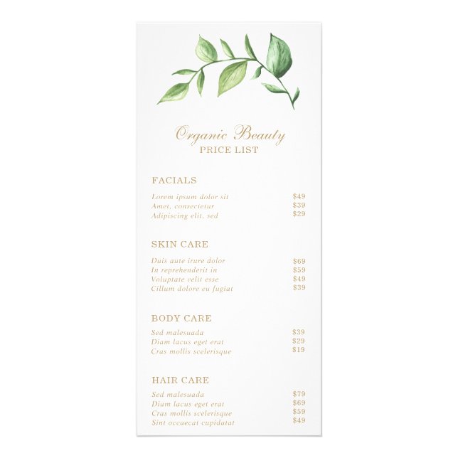 Elegant Greenery Gold Beauty Salon Price List Rack Card (Front)
