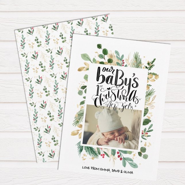 Elegant Greenery Gold Berry Baby First Christmas  Holiday Card (Creator Uploaded)