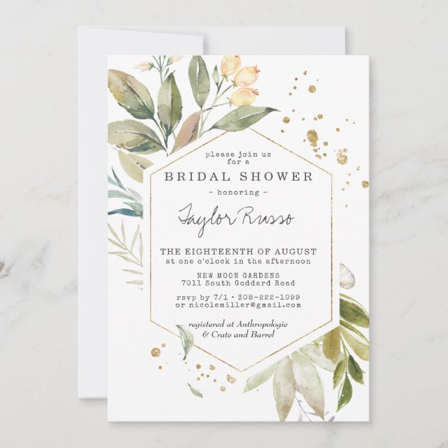 Elegant Greenery Gold Bridal Shower Invitation (Front)