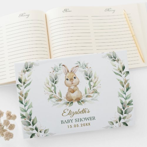 Elegant Greenery Gold Bunny Rabbit Baby Shower Guest Book