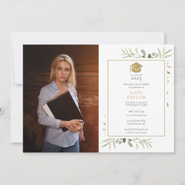Elegant Greenery Gold Cap Graduation Party Photo Invitation (Front)