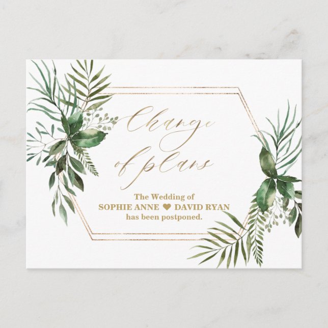 Elegant Greenery Gold Change Of Plans Wedding Postcard (Front)