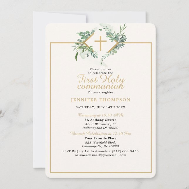 Elegant Greenery Gold First Communion Invitation (Front)