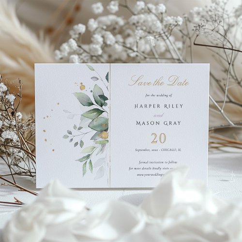 Elegant Greenery Gold Flecks Wedding Save the Date Invitation