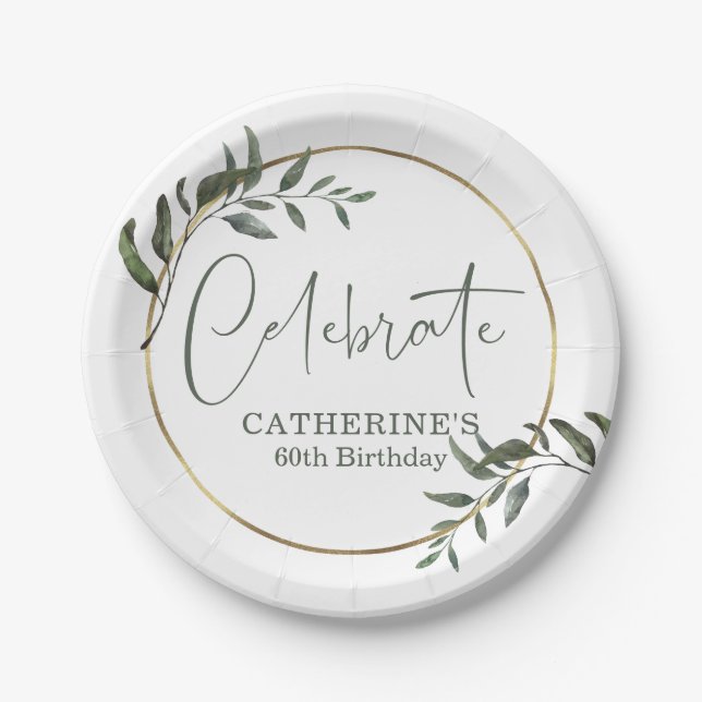 Elegant Greenery Gold Foil Celebrate Script Paper Plates (Front)