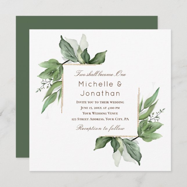 Elegant Greenery Gold Frame Modern Wedding Invitation (Front/Back)