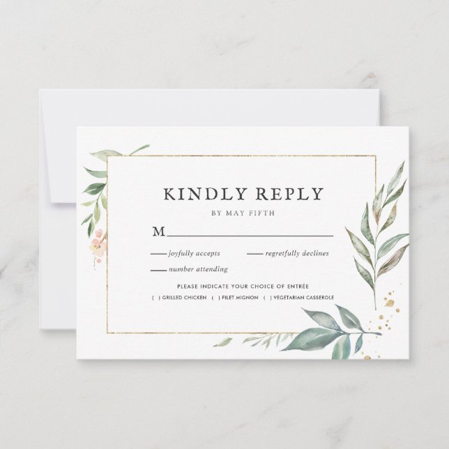 Elegant Greenery Gold Frame Wedding RSVP w/Meal Card (Front)