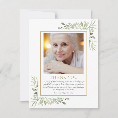 Elegant Greenery Gold Funeral Photo Thank You Card