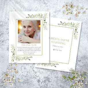 Elegant Greenery Gold Funeral Photo Thank You Card