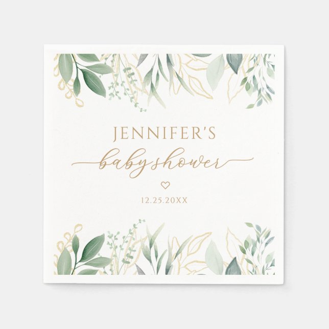 Elegant Greenery Gold Gender Neutral Baby Shower Napkins (Front)