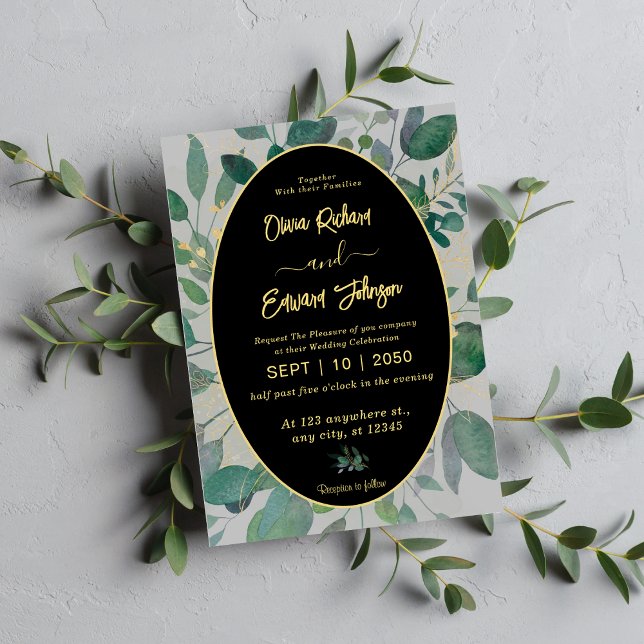 Elegant Greenery Gold Geometric Frame,Gray Wedding Invitation (Creator Uploaded)