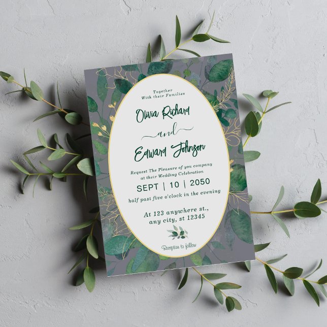 Elegant Greenery Gold Geometric Frame Gray Wedding Invitation (Creator Uploaded)