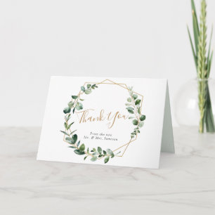 Elegant Greenery Gold Geometric Frame Thank You Card