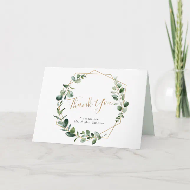 Elegant Greenery Gold Geometric Frame Thank You Card | Zazzle