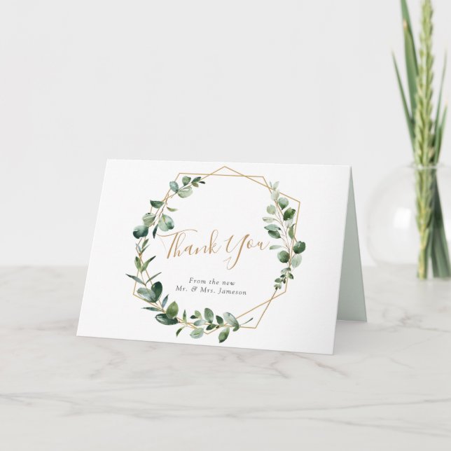 Elegant Greenery Gold Geometric Frame Thank You Card (Front)