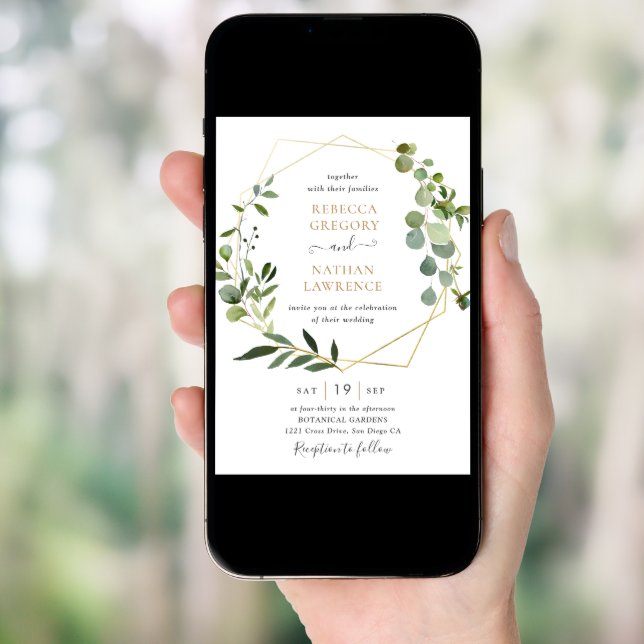 Elegant Greenery Gold Geometric Frame  Wedding Invitation (Front Digital)