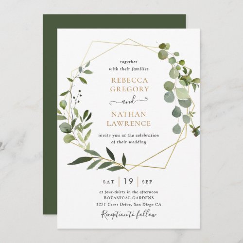 Elegant Greenery Gold Geometric Frame  Wedding Invitation - This elegant and customizable Wedding Invitation features an geometric gold frame adorned with beautiful watercolor mixed greenery foliage & has been paired with a whimsical calligraphy and a classy serif font in gold and gray. To make advanced changes, please select "Click to customize further" option under Personalize this template.