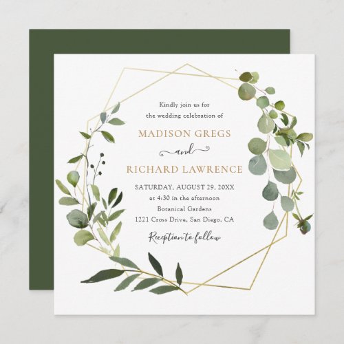 Elegant Greenery Gold Geometric Frame Wedding Invitation - This modern customizable Wedding Invitation features a gold geometric frame decorated with mixed watercolor greenery foliage & has been paired with a classy serif font in gray and gold. To make advanced changes, please select "Click to customize further" option under Personalize this template.