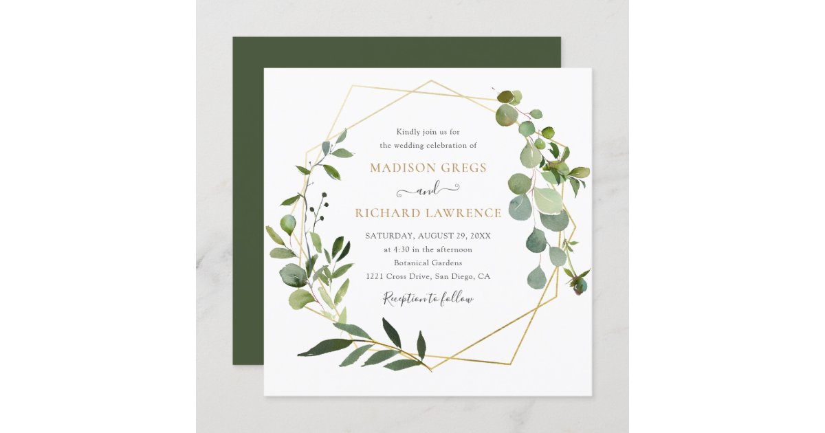 Elegant Greenery Gold Geometric Frame Wedding Invitation Zazzle 