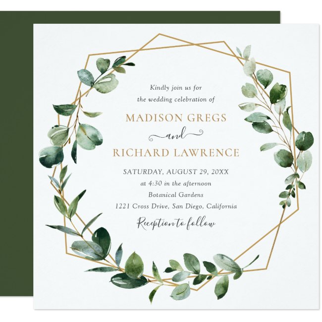 Elegant Greenery Gold Geometric Frame Wedding Invitation