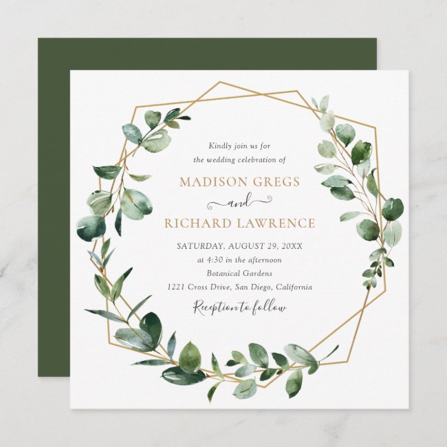 Elegant Greenery Gold Geometric Frame Wedding Invitation