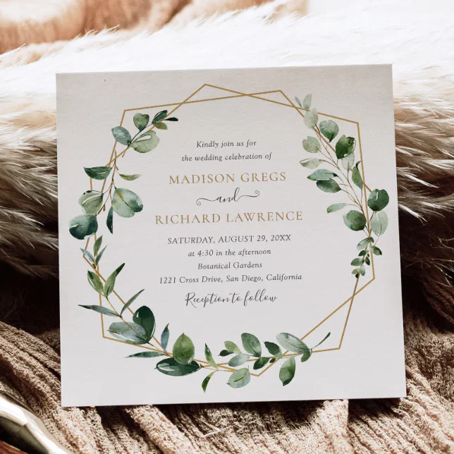 Elegant Greenery Gold Geometric Frame Wedding Invitation | Zazzlecom