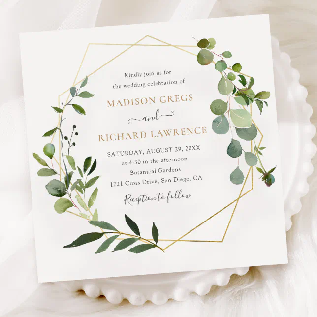 Elegant Greenery Gold Geometric Frame Wedding Invitation Zazzle 