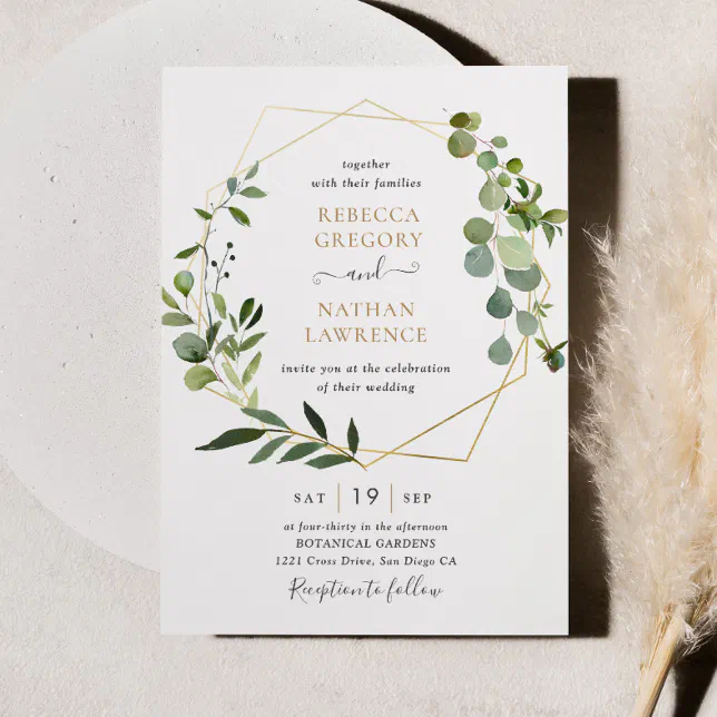 Elegant Greenery Gold Geometric Frame Wedding Invitation | Zazzle