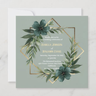 Elegant Greenery Gold Geometric Frame Wedding Invitation