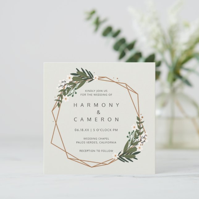Elegant Greenery Gold Geometric Modern Wedding Invitation (Standing Front)